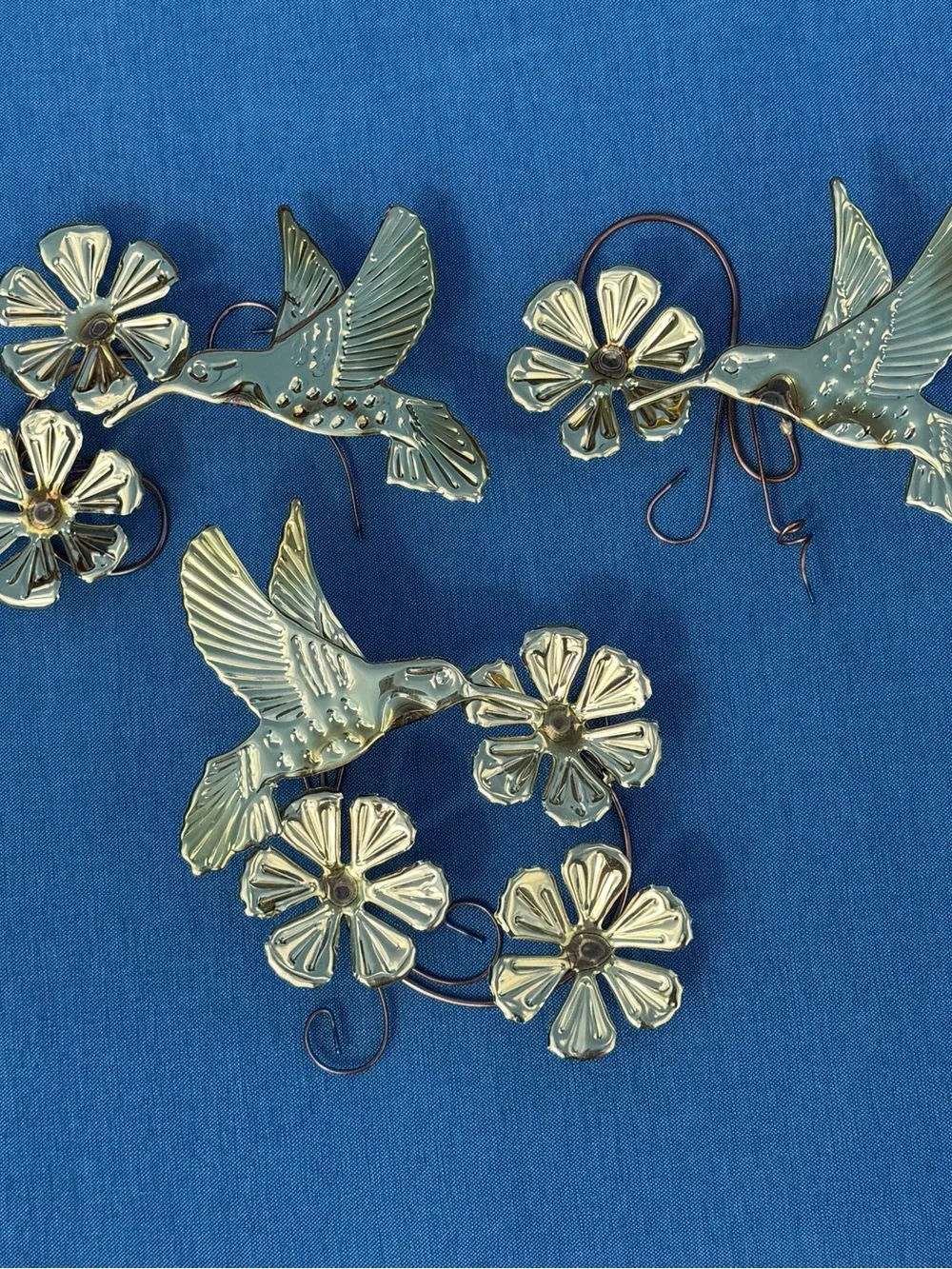 Vintage Homco Brass Hummingbird Metal Wall Art Set 3 Flower Plaques Decor